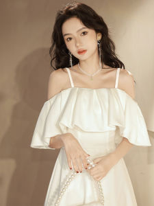 ผ้าซาติน ปาร์ตี้วันเกิดปาดไหล่ เดรส สไตล์เจ้าหญิงกลาง เอว A Line กระโปรง แขนสั้น ซิป กลับ สำหรับงานกลางคืน ชุดราตรี