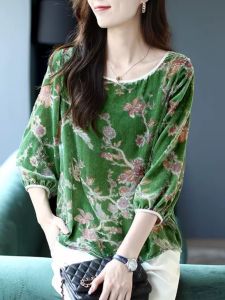 Spring 2024 Womens Fashion Slim Fit Velvet U-Neck Printed Top Trendy Retro Chinese Style Long Sleeve round Neck Casual Shirt