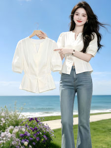 Shalldoer | Elegant White Slim Fit Shirt Short Puff Sleeves Waist-Cinching Collared Top