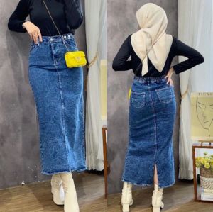 Theana Rok Jeans Highwaist Polos Panjang Kancing Resketing Depan Belakang Karet