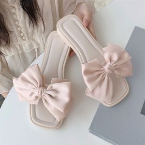 Sweet Butterfly Knot Flat Sandals Womens Outdoor Summer Beach Slippers T-Strap PVC Plastic Slip-On Shoes for Young Ladies