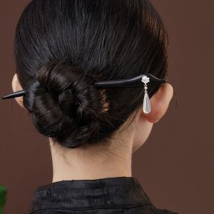 Natural Black Ebony Wood Hairpin Original Design Elegant Simple Female Style Gift Alloy Embedded Artificial Gemstone Hair Accessories