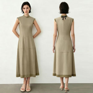 AMII | Traditional Chinese Style Mandarin Collar Bow Fastening Wide Shoulder Dress