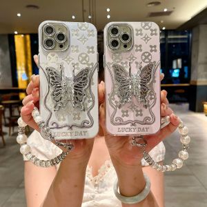KISSCASE With Bracelet Butterfly Bracket Stand Phone Case For iphone 15 14 13 12 11 Pro Max Plus Glitter Lens Film Protector All-inclusive Hard PC Anti-fall Shockproof Back Cover For iphone 15 14 13 12 11
