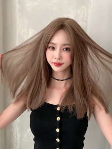 Korean Middle Part Bangs Wig Clavicle Length Straight Hair Pre Plucked Natural Look Synthetic Hairpiece For Women 50cm