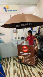 Xe bán cà phê mang đi lắp ráp gấp gọn có ô che to- kích thước xe ngang 80cm