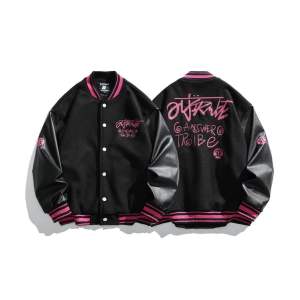 Áo khoác varsity jacket áo bomber bóng chày phối màu đen và hồng nổi bật chất dạ phối tay da cao cấp họa tiết chữ thêu - CHIU Fashion’s