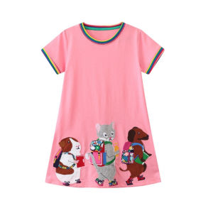 Jumping Meters 2-8T School Princess Girls Dresses Animals Applique Summer Short Sleeve Baby Clothes Birthday Frocks Costume