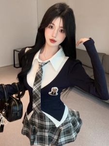 GUZILIAN | Fall Season Jk Uniform Set Womens College Style Sweet And Spicy Girl Premium Long Sleeve Fake Two-Piece Top Half Skirt Two-Piece Set