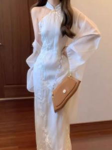 CHANGTONG | Chinese Style Simple Graceful Cheongsam Dress Set with Sun Protection Cover-Up