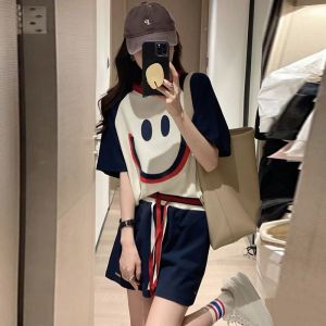 Casual Sportswear Set Womens Summer 2024 Fashionable Short Sleeve Shorts Running Two-Piece Set Comfortable Cotton Blend