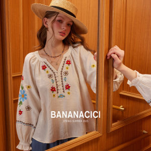 BANANA CICI | Áo Thun Dân Tộc Mùa Thu Phong Cách Nguyên Bản Vải Tencel Lanh Thêu