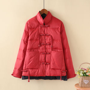 Retro Chinese Style down Jacket Womens Button Short Lightweight White Duck Feather Loose Bread Style Thick Outerwear