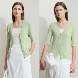 AMII | Elegant Business Casual V-Neck Zippered Middle Sleeve Knit Cardigan