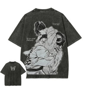 Bandai | Demon Slayer Mens and Womens Washed T-Shirt Akaza Koyuki Summer Spring Anime Tee Retro Distressed High Quality Short Sleeve