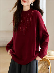 เสื้อสเวตเตอร์ถักลายลูกไม้สีแดง ทรงหลวม คอตั้ง แขนยาว ปกติ อบอุ่น เสื้อผ้าทำงาน ฤดูใบไม้ร่วง/ฤดูหนาว สไตล์ใหม่