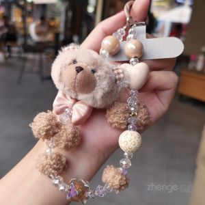 Plush Bear Mobile Phone Lanyard Winter Outdoor Key Cover Solid Handheld Beads Hanging Chain High End Womens Digital Accessories