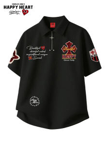 CHARLES JANGS HAPPY HEART | Embroidered Heart Badge Half Zip Polo Shirt Short Sleeve Loose Collar
