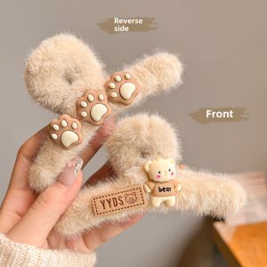 Cute Bear Plush Hair Clip Womens Winter Fur Fish Tail Clip Back of Head Large Shark Clip Hair Accessories Children