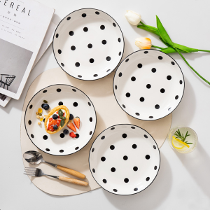 Hepburn Style Polka Dot Bowl and Dish Suit For Home Ceramic Bowl and Chopsticks Cutlery Plate Bowl Fish Plate Dinner Plate Soup Bowl Instant Noodle Bowl