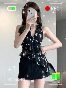 chaqi | Vintage Polka Dot Halter Top No Sleeve Blouse
