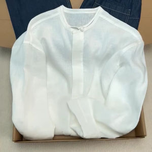 Natural Linen Shirt Chinese Zen Style Button up Top Comfortable Loose Fit Long Sleeve round Neck Casual Summer Outerwear