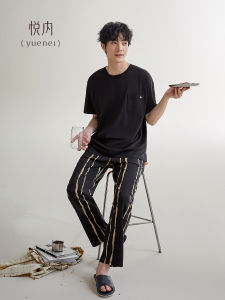 5A Antibacterial Pure Cotton Summer Mens Sleepwear Short Sleeve Long Pants Home Clothes Set Casual Comfortable Breathable