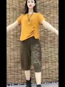 2025 Summer Womens Fashion High end Loose and Skinny Pure Cotton Solid Color Real Pocket Casual Seven point Wide Leg Pants