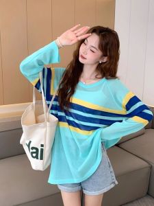 Stripes Knitting Long Sleeves T-Shirt Womens Thin Summer and Autumn Idle Style Mid Length Long Length Ice Silk Sun Protective Blouse Contrast Color Top Clothes