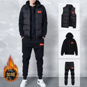 Mens Fleece Lined Vest Sweatshirt Three Piece Set Thick Warm Stylish Casual Sports Wear Long Sleeve Hooded Sweatshirt