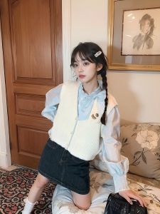 Womens Knitted Cardigan Set with Bow Shirt Long Sleeve Flip Collar Polyester Material Two-Piece Suit Fashionable Autumn Outfit