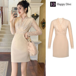 Happy Diva เดรสผู้หญิง เดรสสีครีม เดรสแขนยาว เดรสคอวี เดรสลูกไม้ เดรสไฮโซ เดรสวินเทจ เดรสออกงาน เดรสปาร์ตี้ เดรสฝรั่งเศส 20831