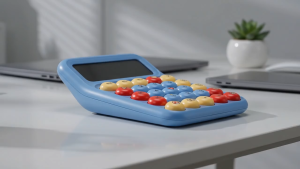 Retro Mechanical-Style Calculator Collection Yellow Calculator with Pixelated Game Background