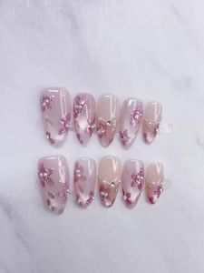 【5in1 Toolkit+HANDMADE】Artificial Nail Pink Pearl Sakura Cats Eye Almond Phototpy Fake Nail Patch Press on Nails Reusable