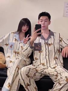 Couples Sleepwear for Spring and Autumn Women Pijama with Chest Padded Long Sleeved Cardigan Pajamas Cute Striped Sausage Dog Cartoon Mens Casual Home Suit Set