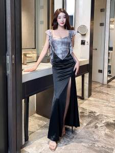 Elegant French Vintage V-Neck Long Dress Womens Bodycon Gown Side Slit Short Sleeve Breathable Polyester Nylon Blend Skirt