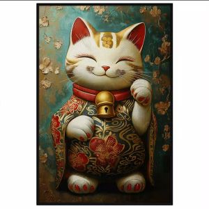 Tranh phong thủy mèo thần tài. Tranh treo tường dán tường sơn dầu canvas trang trí. CGI-1683