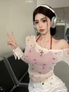 White Butterfly Knot See through Long Sleeve Sun Protection T Shirt Women Summer Vacation Two Piece Hanging Neck Shoulder Shirt Thin Print Top