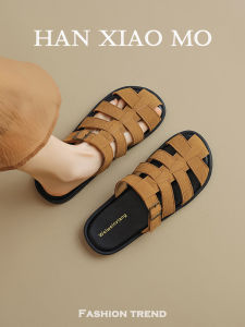 Roman Woven Closed Toe Half Slippers for Women Flat for Outdoors Summer Cut Out Pitcher Plant Shoes Lazy Sandals Plus Size 41-43