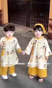 Áo dài tết cho bé gái áo dài cách tân bé traiáo dài trẻ em chất liệu đũi tơ mix Linen cao cấp - Happy Life 4U
