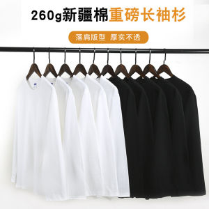 เสื้อยืดคอกลมแขนยาวผ้าฝ้ายแท้หนา ทรงหลวม แฟชั่นฤดูใบไม้ร่วงและฤดูใบไม้ผลิ สีดำและสีขาว สำหรับผู้ชาย