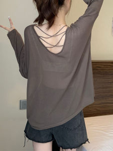 Ice Silk Backless Hollow out Sun Protection Shirt Womens Summer Thin Fashionable Loose Slim Long Sleeve Top Korean Style