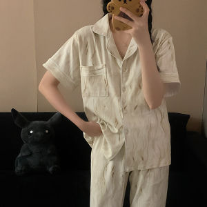 Pure Cotton Summer Sleepwear Short Sleeve round Neck Home Clothes Set for Women with Print Design Three-Piece Includes Shorts