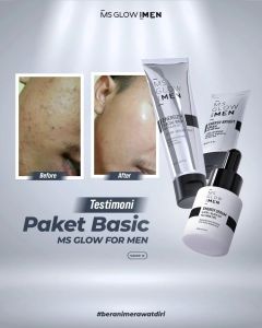 MS GLOW FOR MEN PAKET BASIC: Facial Wash, Cream, Serum, Sunscreen & Maskulin