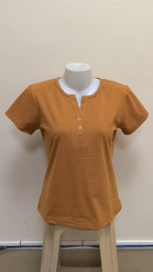 PALETTES Cotton V-Neck Three Button Short Sleeve Plain TShirt for Woman Ladies T-Shirts Shirt Tee #7213