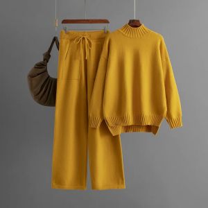 Autumn Winter Women Elegant Knit Sweater Top Pants 2-piece Set Long-sleeved Pullovers Casual Cover Loose Womens Outfits Clothing