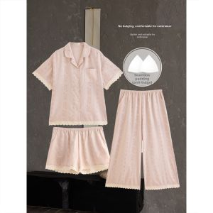 Summer Cool Short Sleeves and Shorts Sleepwear Set with Padded Bra Thin Design for Outdoor Wear