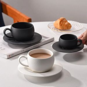 110/300ml Japanese Stoneware Coffee Mug and Saucer Set Black White Egg Shape For Breakfast Milk Office Use Minimalist Gift