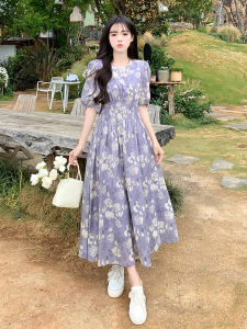 ชุดเดรสยาวแขนพองลายดอกไม้สไตล์ฝรั่งเศสย้อนยุคสำหรับผู้หญิงในฤดูร้อน คอตั้ง เอวเข้ารูป สีม่วง แขนยาว กระโปรงทรงเอ