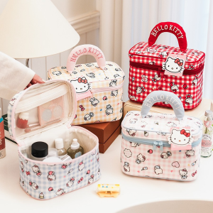 Sanrio | Large-capacity portable storage bag cute plaid Sanrio Kitty makeup bag durable canvas makeup storage bag